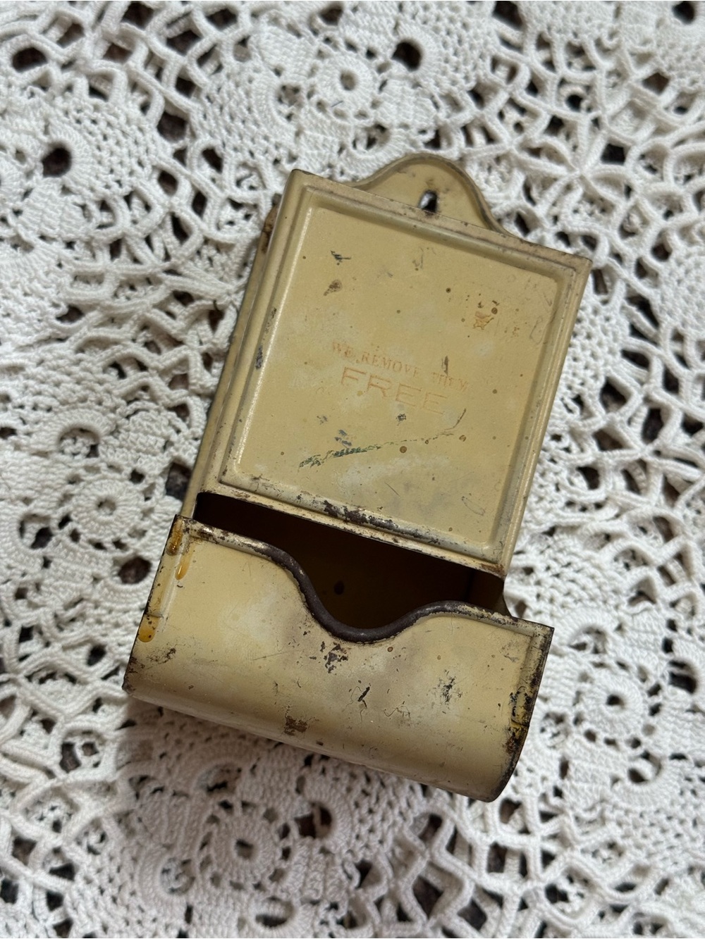Vintage 1937 Advertising Metal Match Holder Wall Mount Primitive Decor
